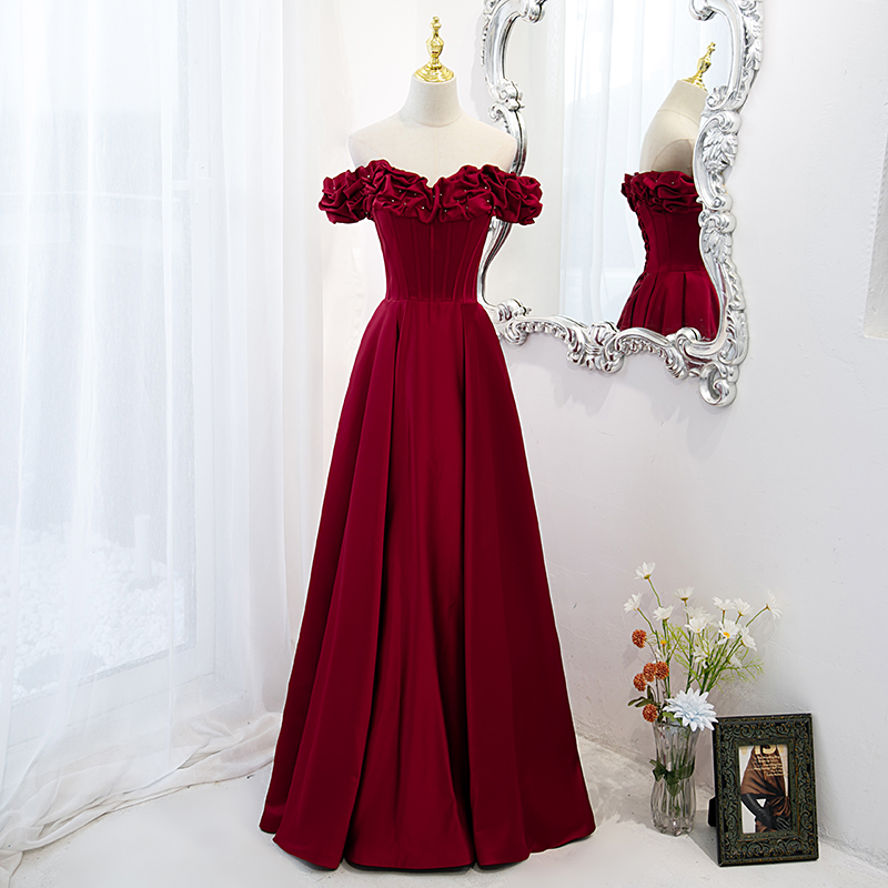 Burgundy Satin Beaded Long Prom Dress, A-line Evening Dress Prom Dress