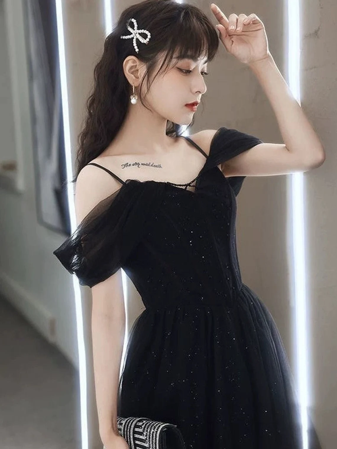 Black Off Shoulder A-line Floor Length Prom Dress, Black Evening Dress