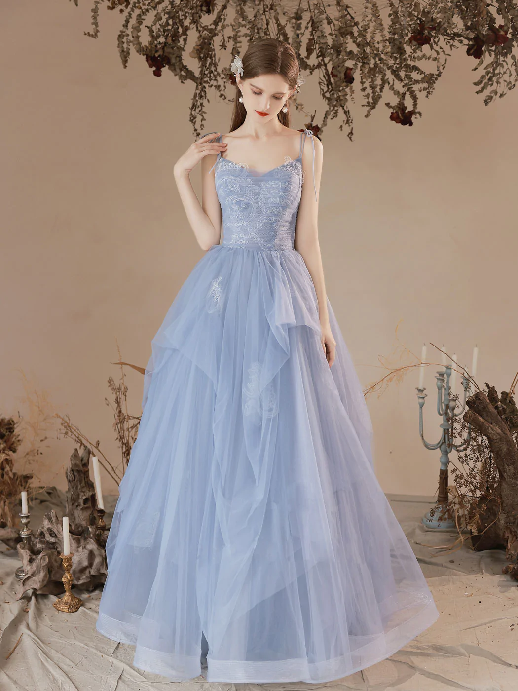 Blue Straps Long Formal Dress, Blue A-line Prom Dress with Lace 