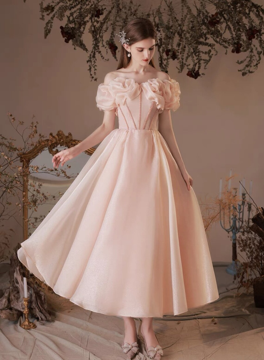 Cute Pink Formal Dress Prom Dress, Pink Tea Length Sweetheart Beaded Party Dress