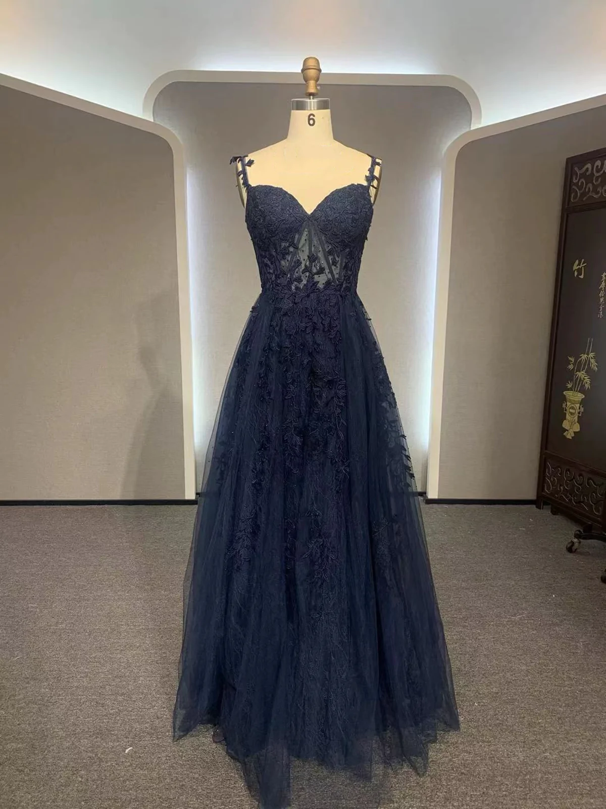 Jovani 04585 | Navy Lace Fit and Flare Long Evening Dress