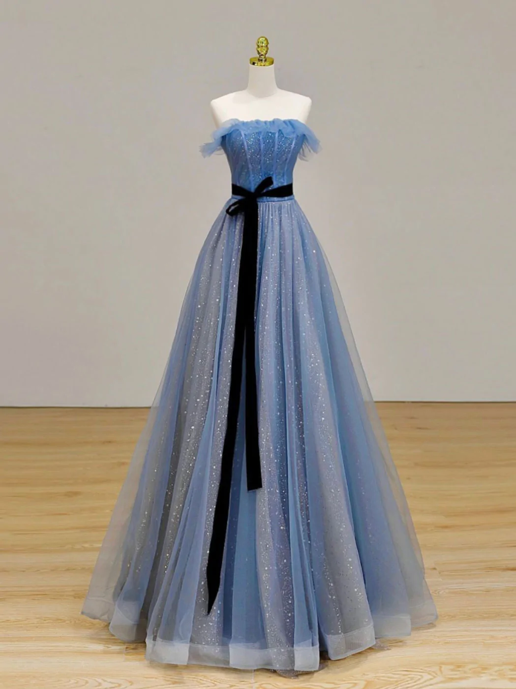 Blue Tulle Simple A-line Floor Length Party Dress, Lace-up Blue Evening Dress