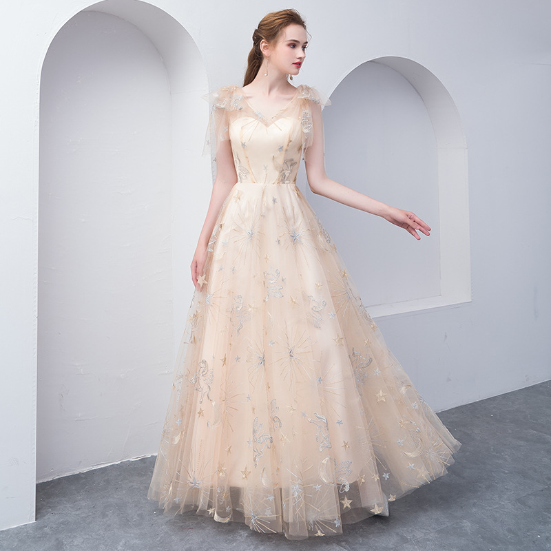 Champagne Floral Tulle Long Party Dress, A-line Tulle Prom Dress