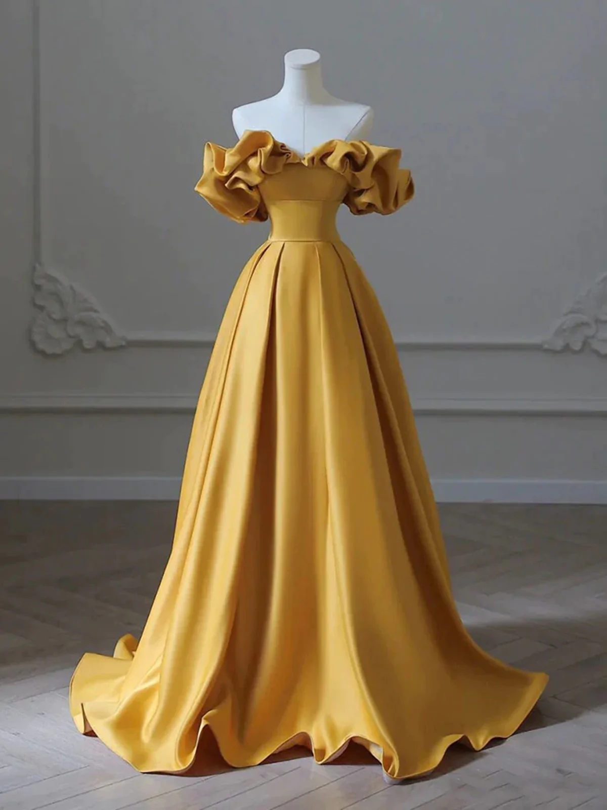 Gold Satin Off Shoulder Long Simple Party Dress A line Gold Long 