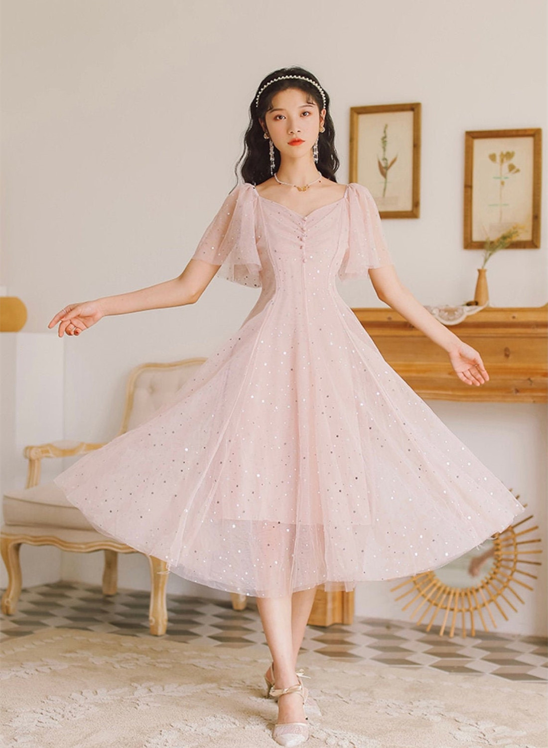 Cute Pink Short Homecoming Dress, V-neckline Pink Prom Dress
