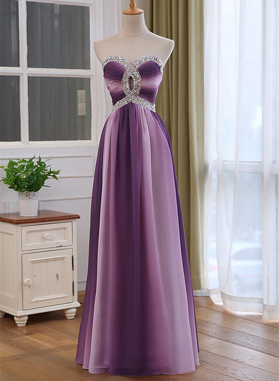 Beautiful Chiffon Gradient Floor Length Party Dress, Sweetheart Beaded Long Prom Dress
