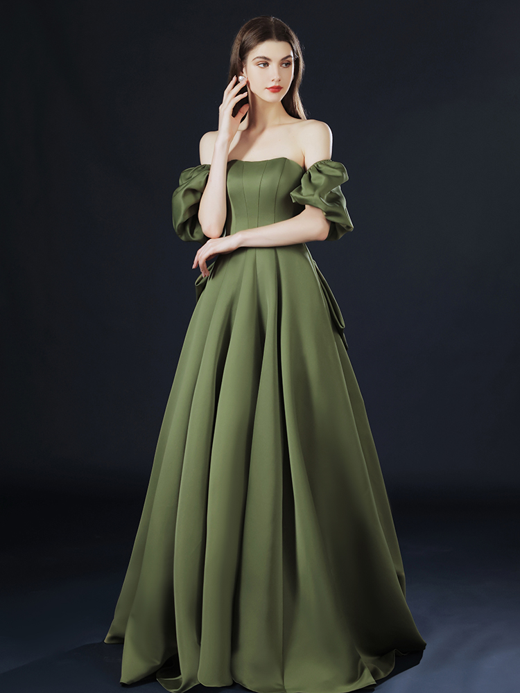 Green Satin Long Short Sleeves Low Back Party Dress, A-line Green Evening Dress