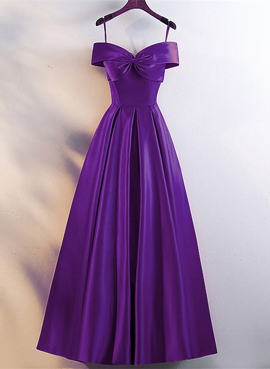 Purple Satin Bow Sweetheart Tulle Evening Dress, A-line Purple Party Dress