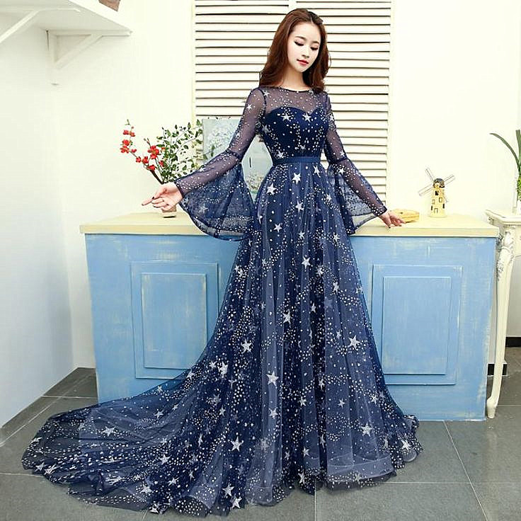 Navy Blue Tulle Long Sleeves Party Dress, Blue Beautiful Wedding Party Dress
