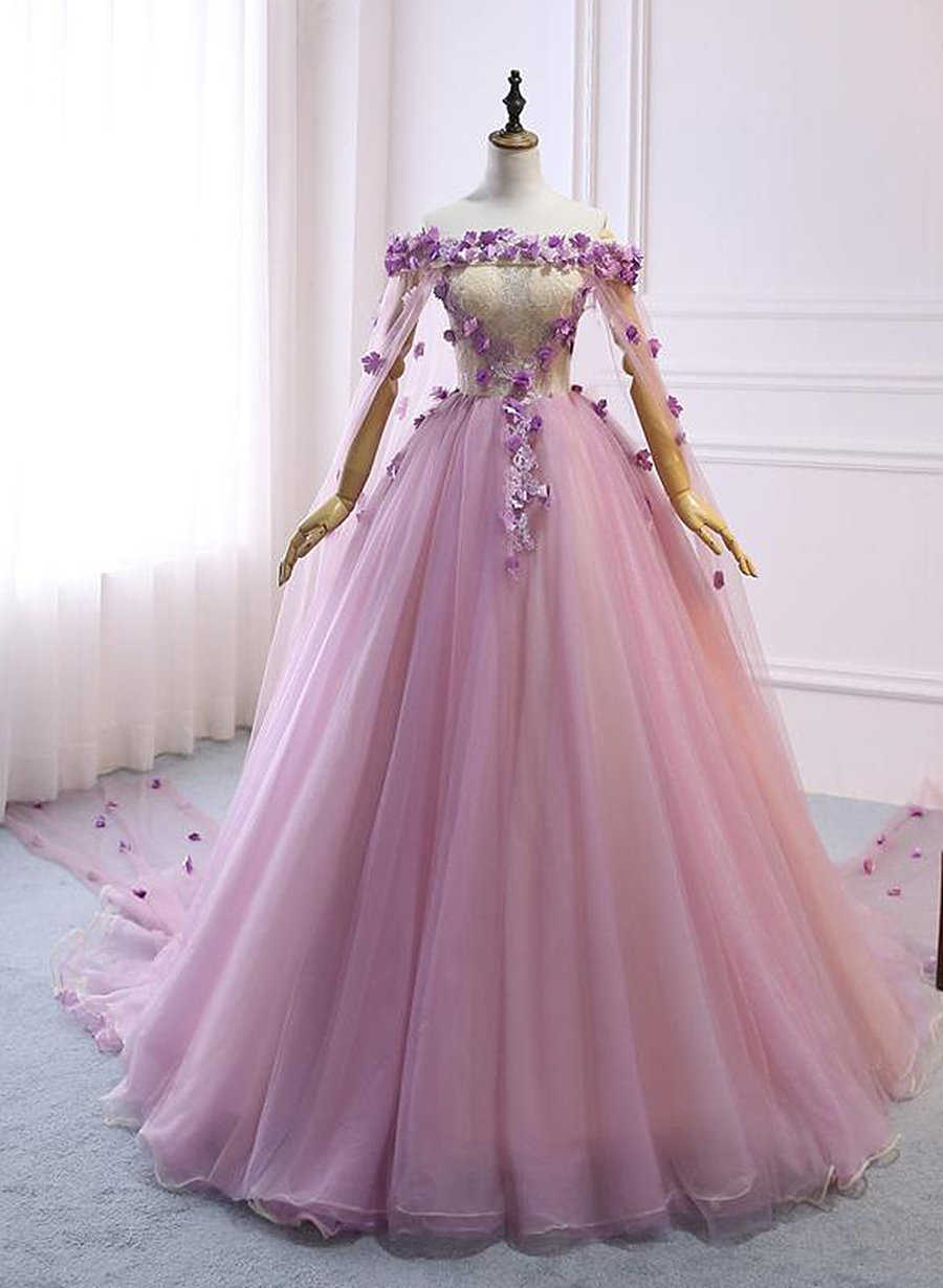 Pink Cute Tulle Long Formal Dress With Flowers, Pink Sweet 16 Dresses