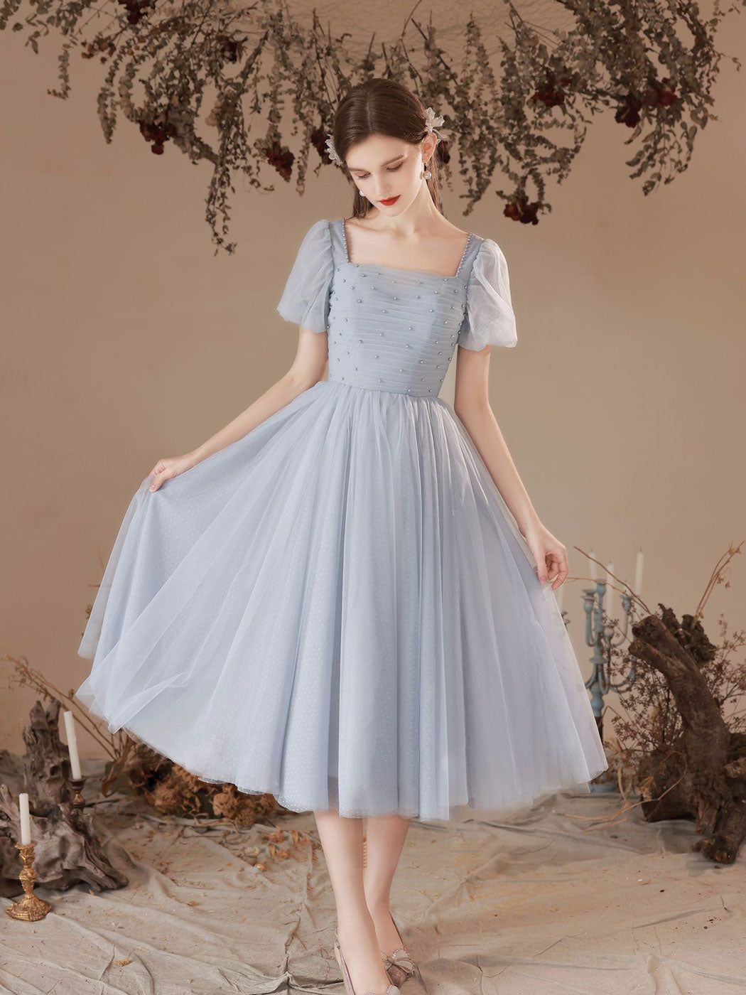 Cute Light Grey Tulle Tea Length Formal Dress, Grey Bridesmaid Dress