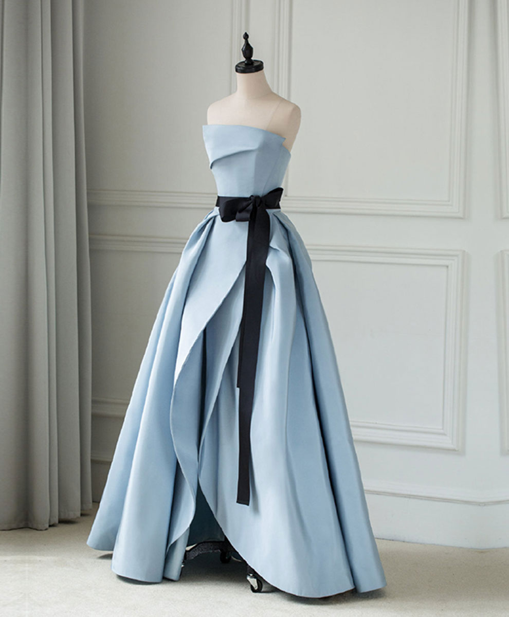 Blue A-line Satin Long Prom Dress, Blue Long Party Dresses