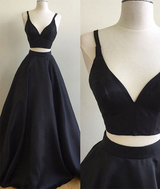 Black Satin Two Piece Formal Dress, Black Prom Dress
