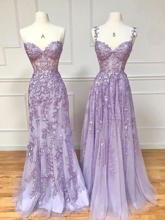 Light Purple Tulle Sweetheart with Lace Straps Long Party Dress, A-line Purple Formal Dress