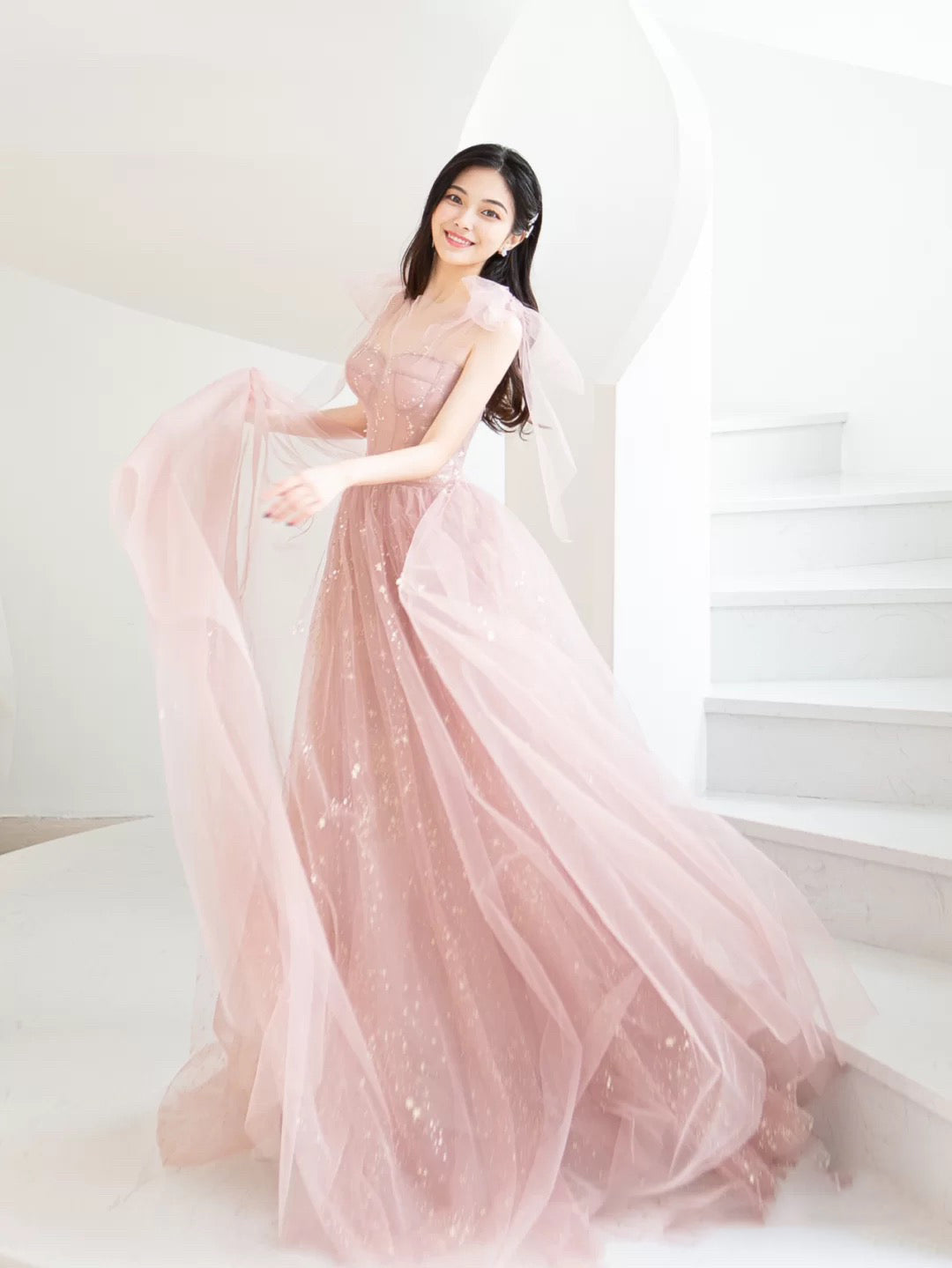 Pretty Pink Tulle Long Straps Sweetheart Prom Dress, Pink Formal Dress