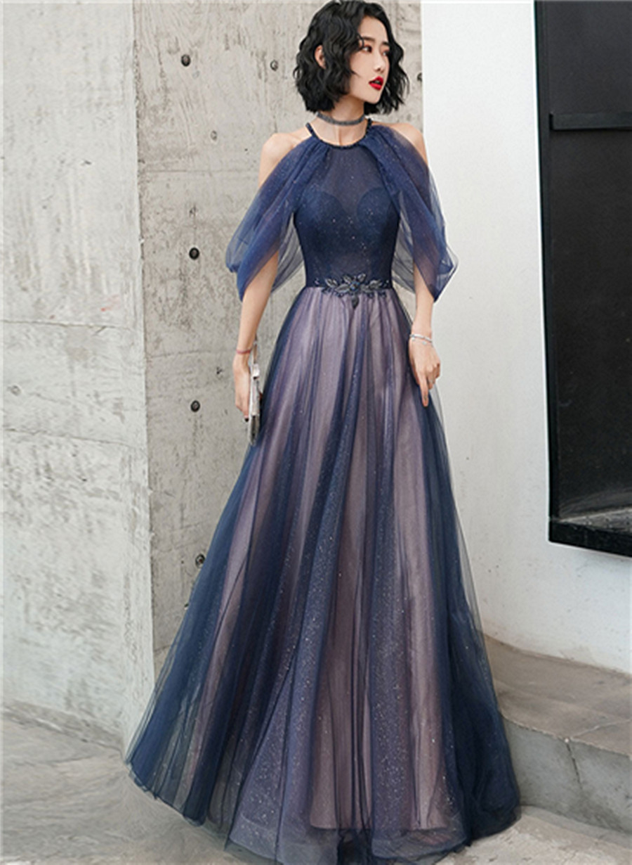 A-line Blue Tulle Sequin Long Prom Dress, Halter Blue Evening Dress Party Dress