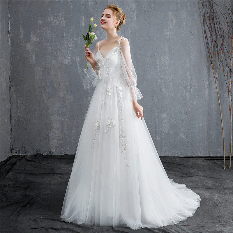 White Tulle Simple Wedding Party Dress with Lace Applique, White Formal Dress