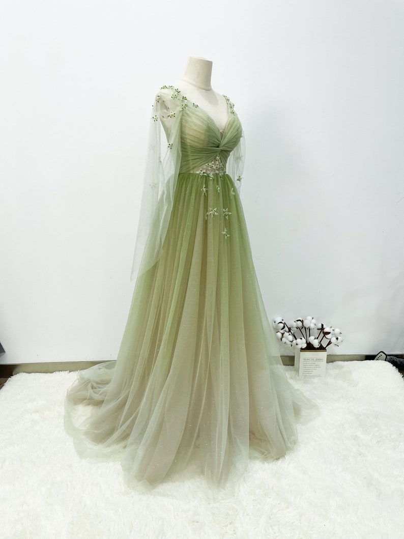 A-line Gradient Green Prom Gown, Soft Glitter Tulle Party Dress