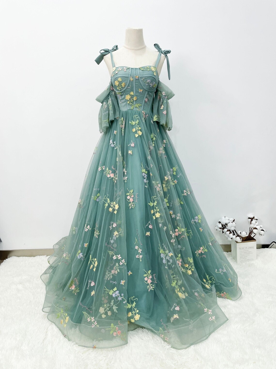 Blue A-line Lace Ball Gown Floral Lace Prom Dress, Blue Tulle Off Shoulder Evening Dress