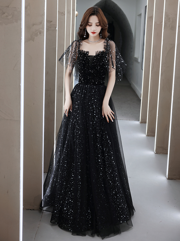 Cute A-line Black Off Shoulder Tulle Long Prom Dress, Black Party Dress