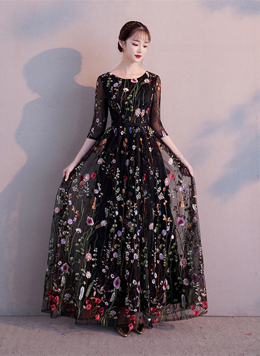 Black Long A-line Pretty Floral Party Dress, Black Formal Dress