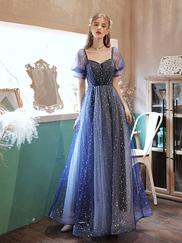 A-line Tulle Blue Long Prom Dress, Blue Formal Graduation Dresses