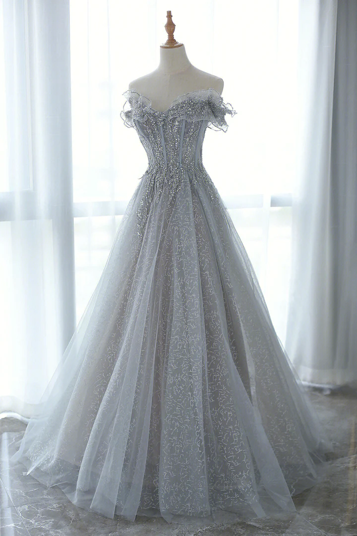 Light Sliver Grey Long Tulle Prom Dress, A-line Grey Party Dress