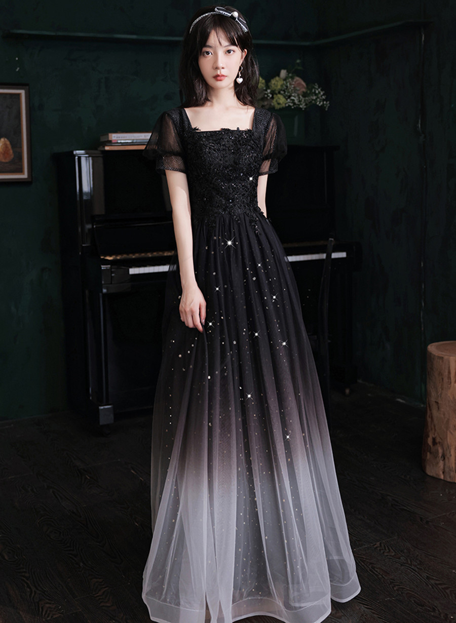 Lovely Black A-line Gradient Tulle with Lace Party Dress, Black A-line Prom Dress