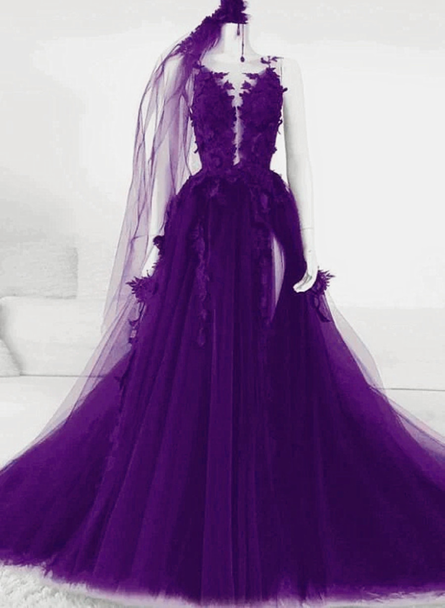 Purple Tulle With Lace Long Formal Dress, A-line Wedding Party Dress