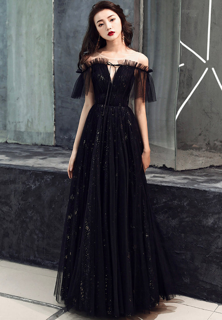 Black Off Shoulder Tulle Prom Dress, A-line Black Formal Dress