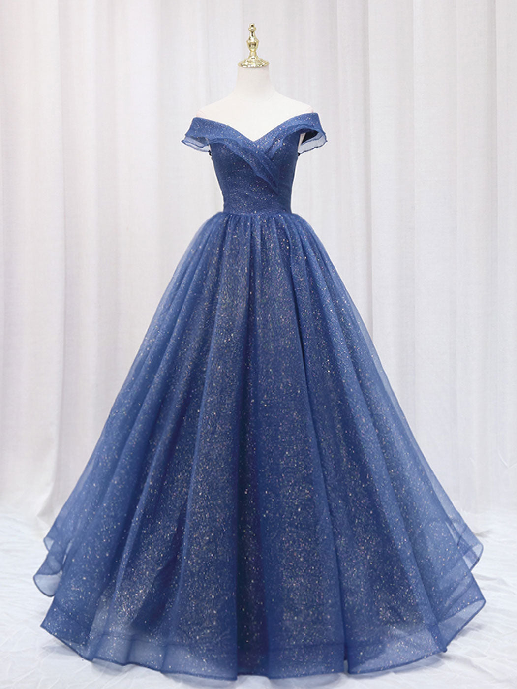 Blue Off Shoulder Long Formal Dress, A-line Blue Party Dress