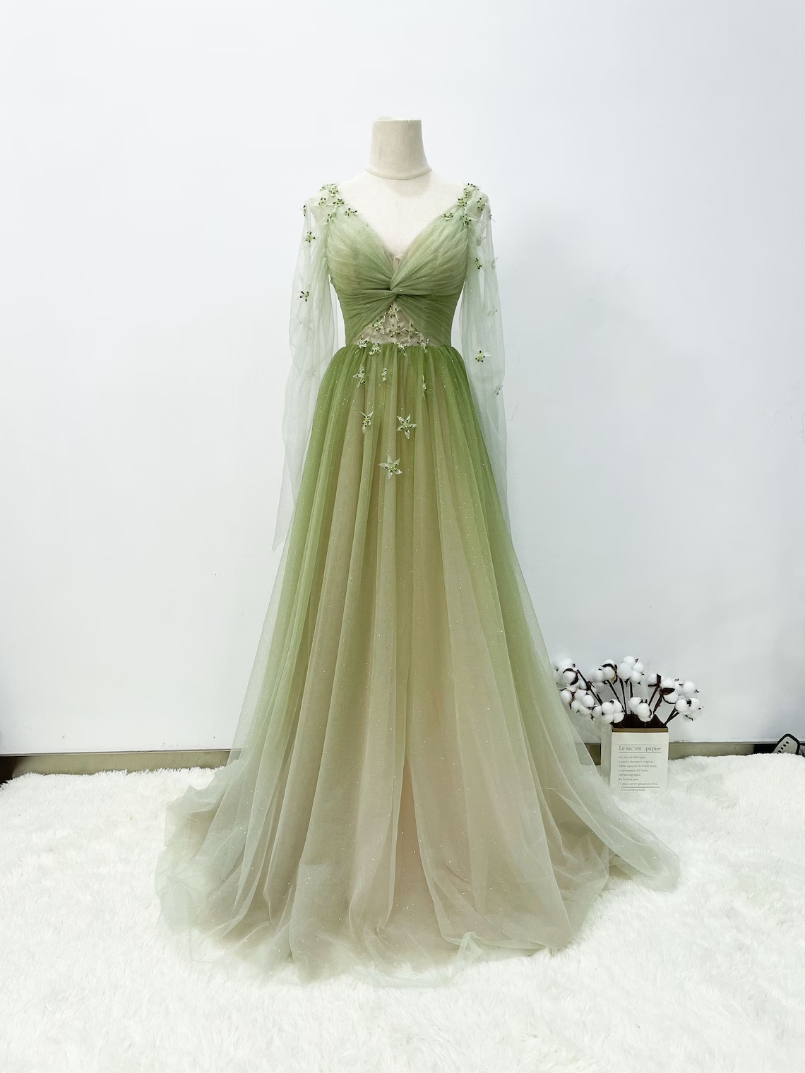 Gradient Green Prom Gown Soft Tulle Evening Dress, Green Long Prom Dress