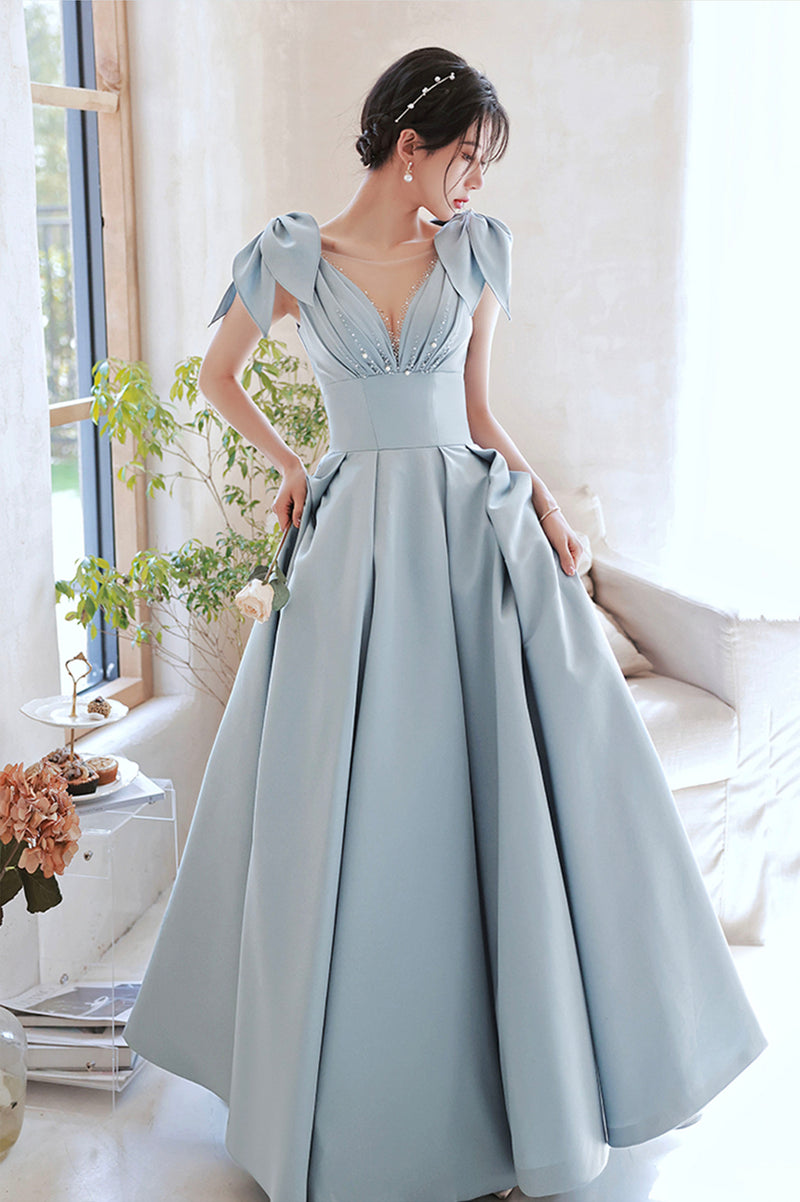 Blue Satin Long Prom Dress with Beadings, Blue Formal Dress