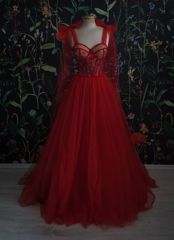 Red Tulle with Flowers Long Party Dress, A-line Tulle Straps Prom Dress