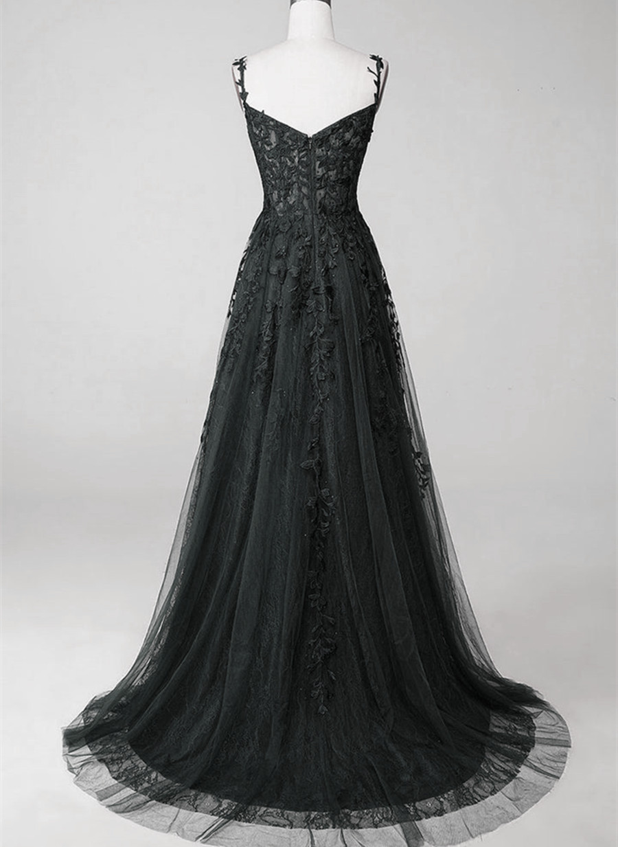 Black Tulle With Lace Straps A-line Prom Dress, Black Long Party Dress ...