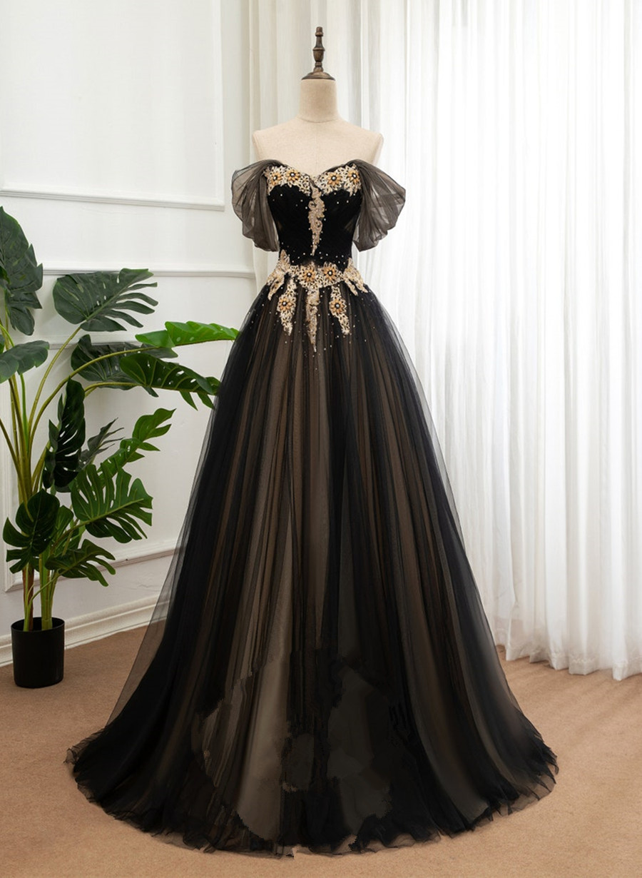 Black and Champagne Off Shoulder Long Formal Dress, A-line Prom Dress