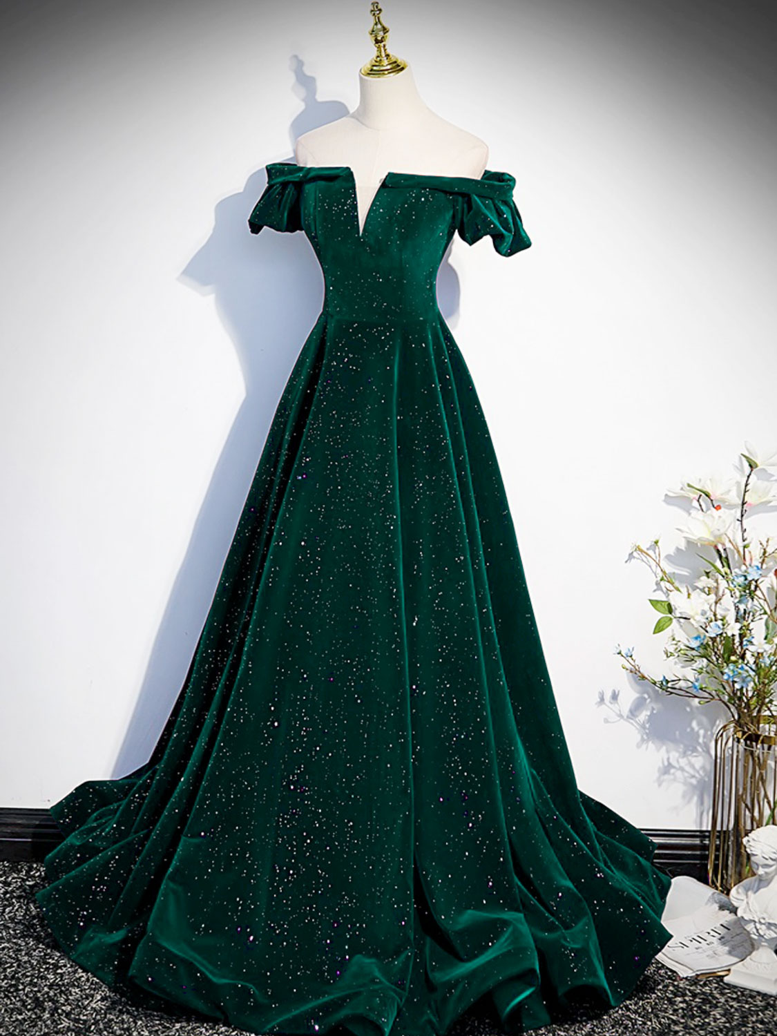 Dark Green Velvet Off Shoulder Long Party Dress, A-line Green Formal Dress