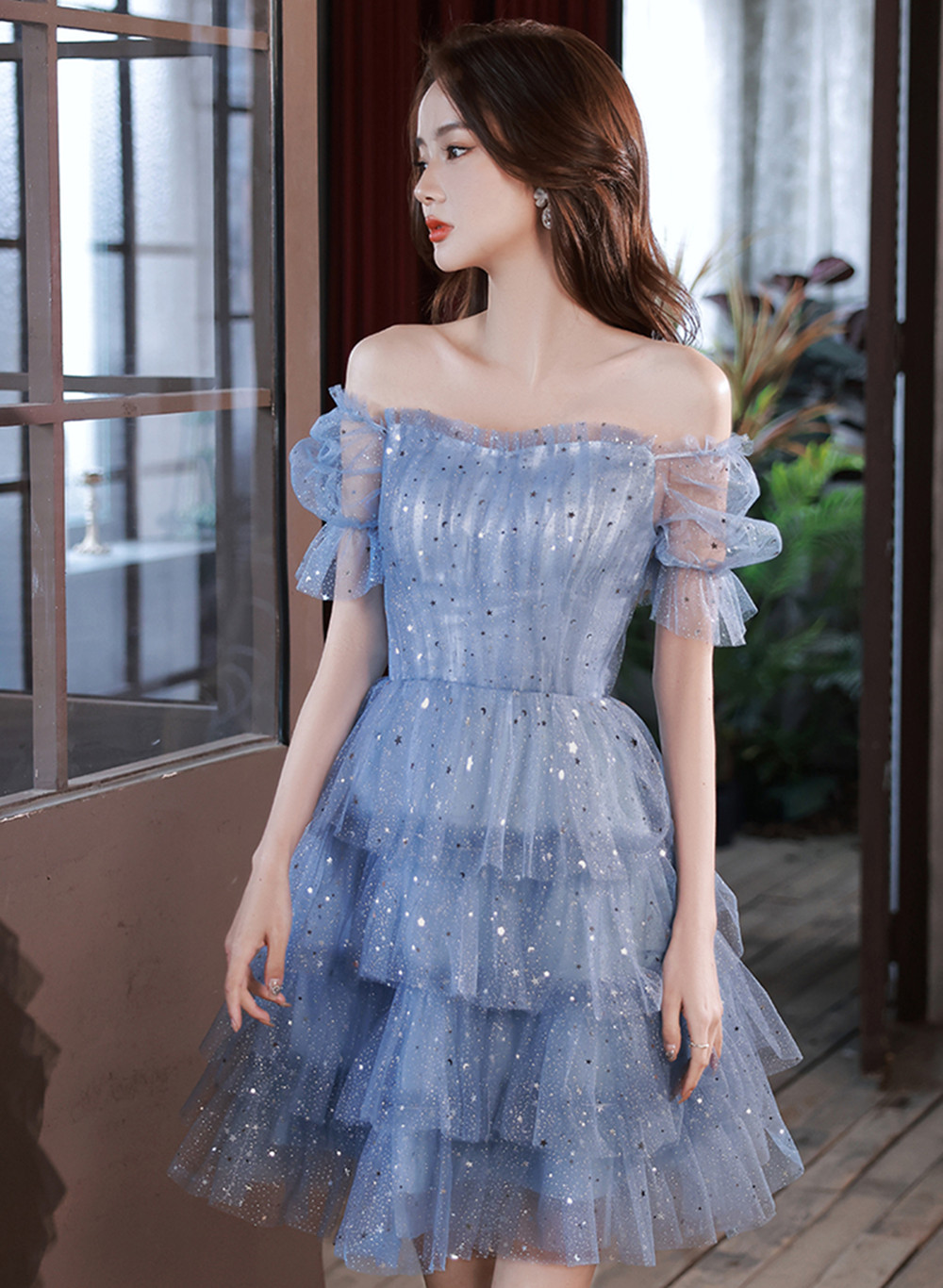 Blue Tulle Short Layers Party Dress, Off Shoulder Blue Short Homecoming Dress