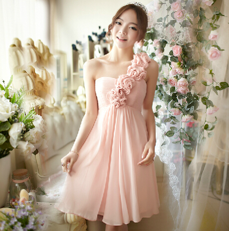 Pretty Knee Length Chiffon One-shoulder Bridesmaid Dress, Homecoming Dresses With Lace-up