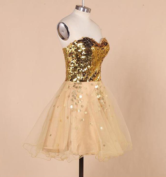 Gold Sequins Sweetheart Short Tulle Formal Dress, Homecoming Dress, Party Dress