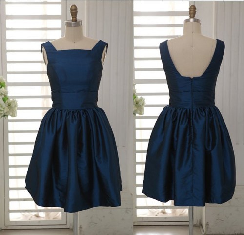 Lovely Navy Blue Taffeta Bridesmaid Dress Knee Length Short Dress, Short Prom Dresses