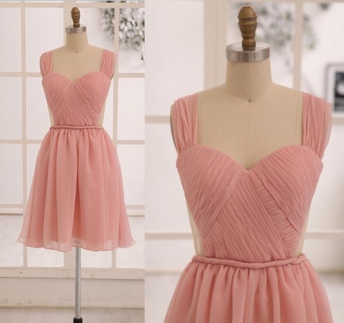 Grace Blush Pink Chiffon Short Bridesmaid Dress See Through Backless Dress, Cute Bridesmaid Dresses, Lovely Evening Dresses