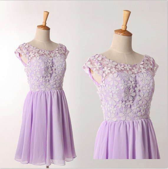 Graceful Purple Lace Round Neckline Short Prom Dresses, Purple Bridesmaid Dresses, Graduation Dresses