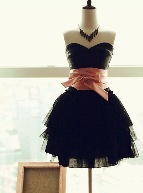 Elegant and Adorable Black Ball Gown Prom Dress with Pink Bow, Lovely Homecoming Dress, Black Party Dresses