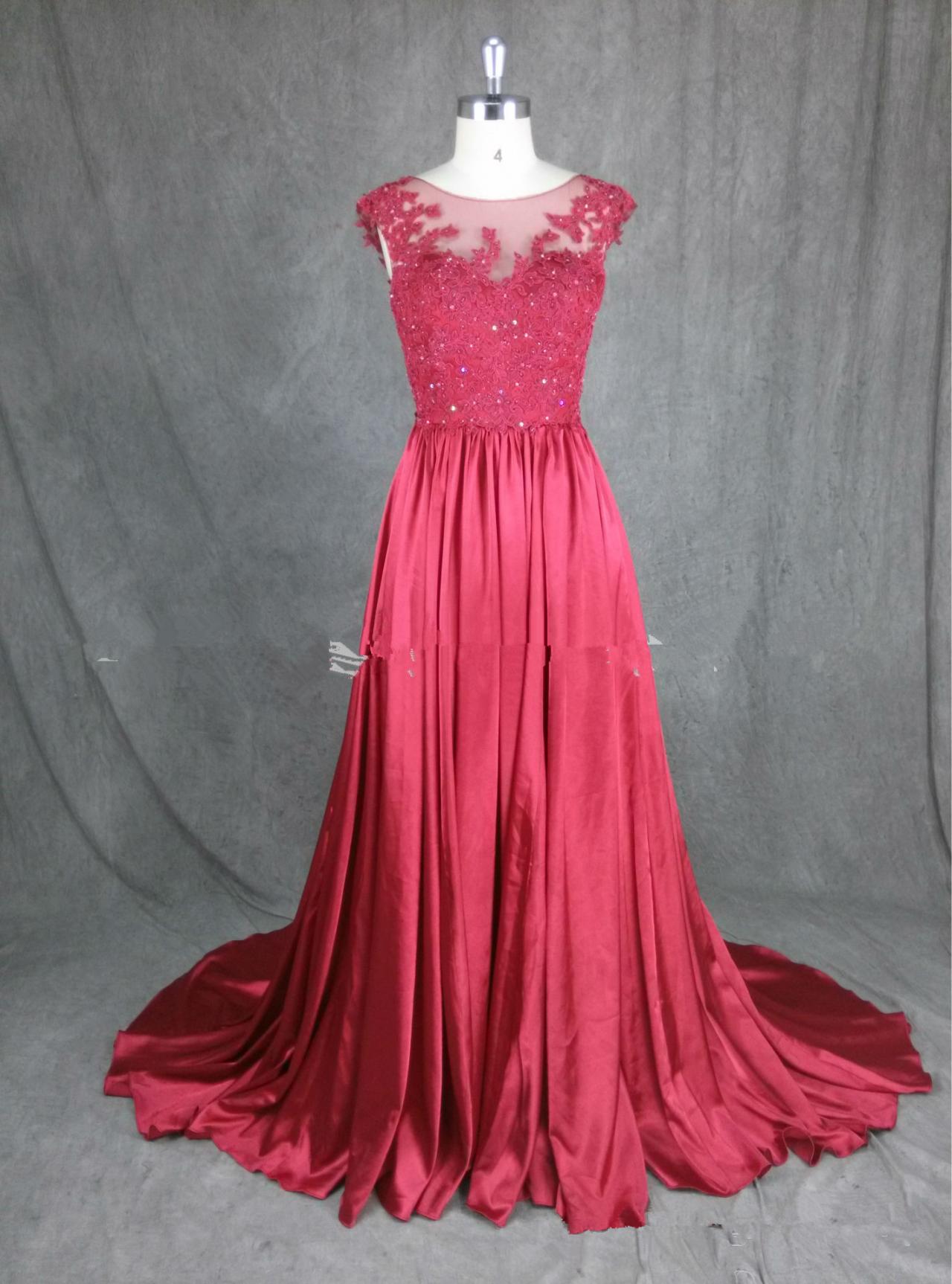 High Quality Handmade Roun Neckline Court Train Burgundy Prom Dress With Lace Tops, Prom Gown, Burgundy Occasion Dresses, Prom 2015