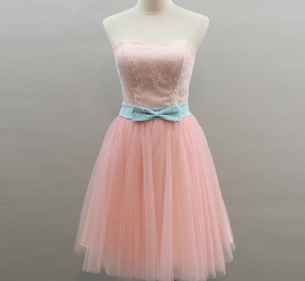 High Quality Pink Tulle Knee Lenth Prom Dress With Bow In Stock, Lovely Pink Homecoming Dress, Prom Dress 2015