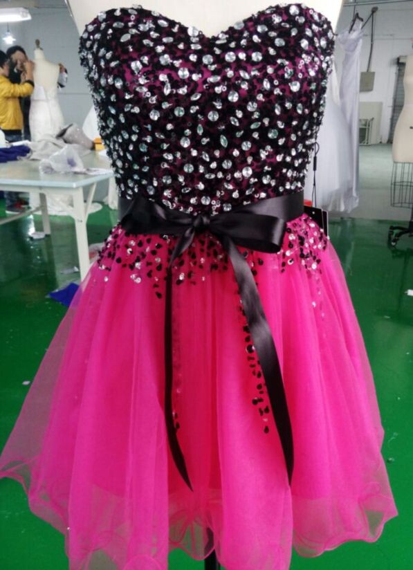 Super Cute Short Sweetheart Tulle Ball Gown Fushia Prom Dresses 2015 With Bow And Beadings, Bow Prom Dresses, Lovely Short Prom Dresses,
