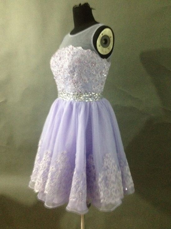 High Quality Handmade Elegant Lavender Lace Chiffon Round Neckline Short Prom Dress With Beadings, Short Lace Prom Dress, Lace Prom Dresses 2015