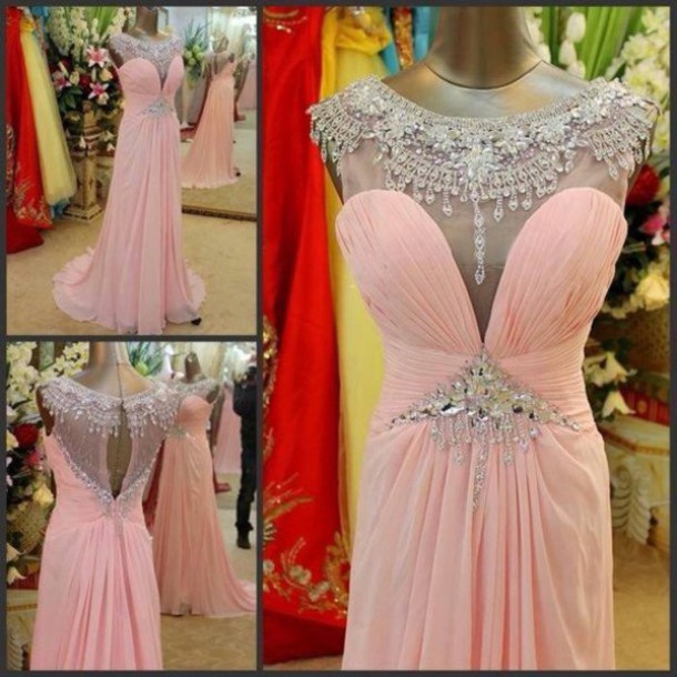 Beautiful Handmade Pink A-line Sweep Train Chiffon Prom Dresses With Beadings, High Quality Handmade Pink Prom Dresses, Prom 2015, Formal Dresses