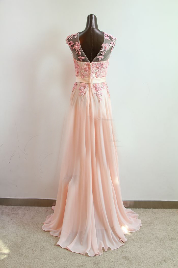 Pretty Pink Lace Floor Length Prom Dresses, Long Pink Birdesmaid